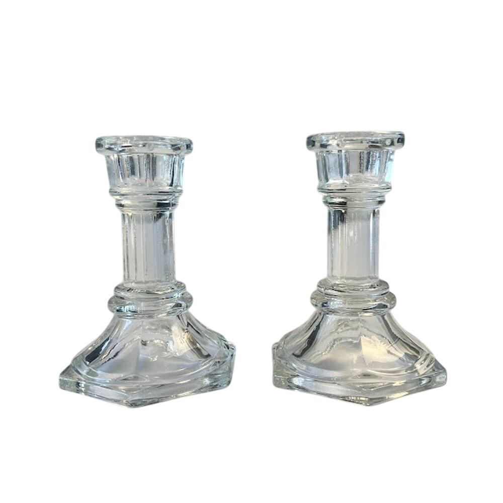 Vintage Crystal Clear Glass Taper Candlesticks 4” Candle Holders Hexagonal Base